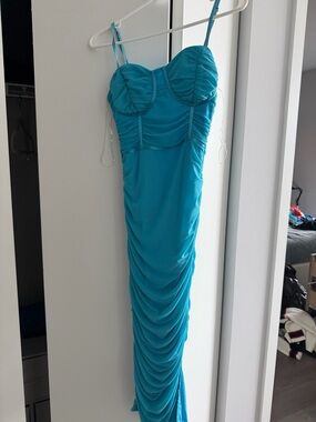 SHEIN Turquoise Ruched Midi Bodycon Dress